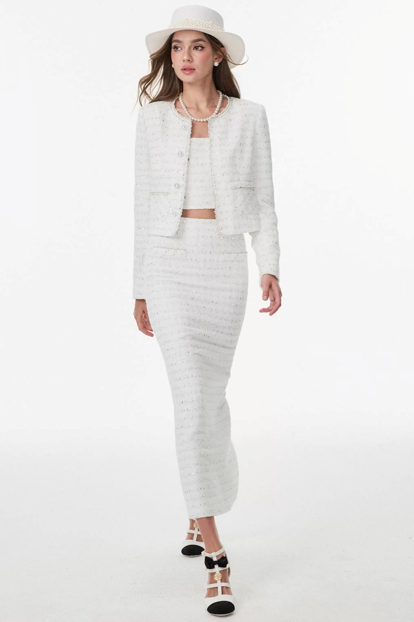 White Small Fragrance Three-Piece Slimming Jacket Set-Up