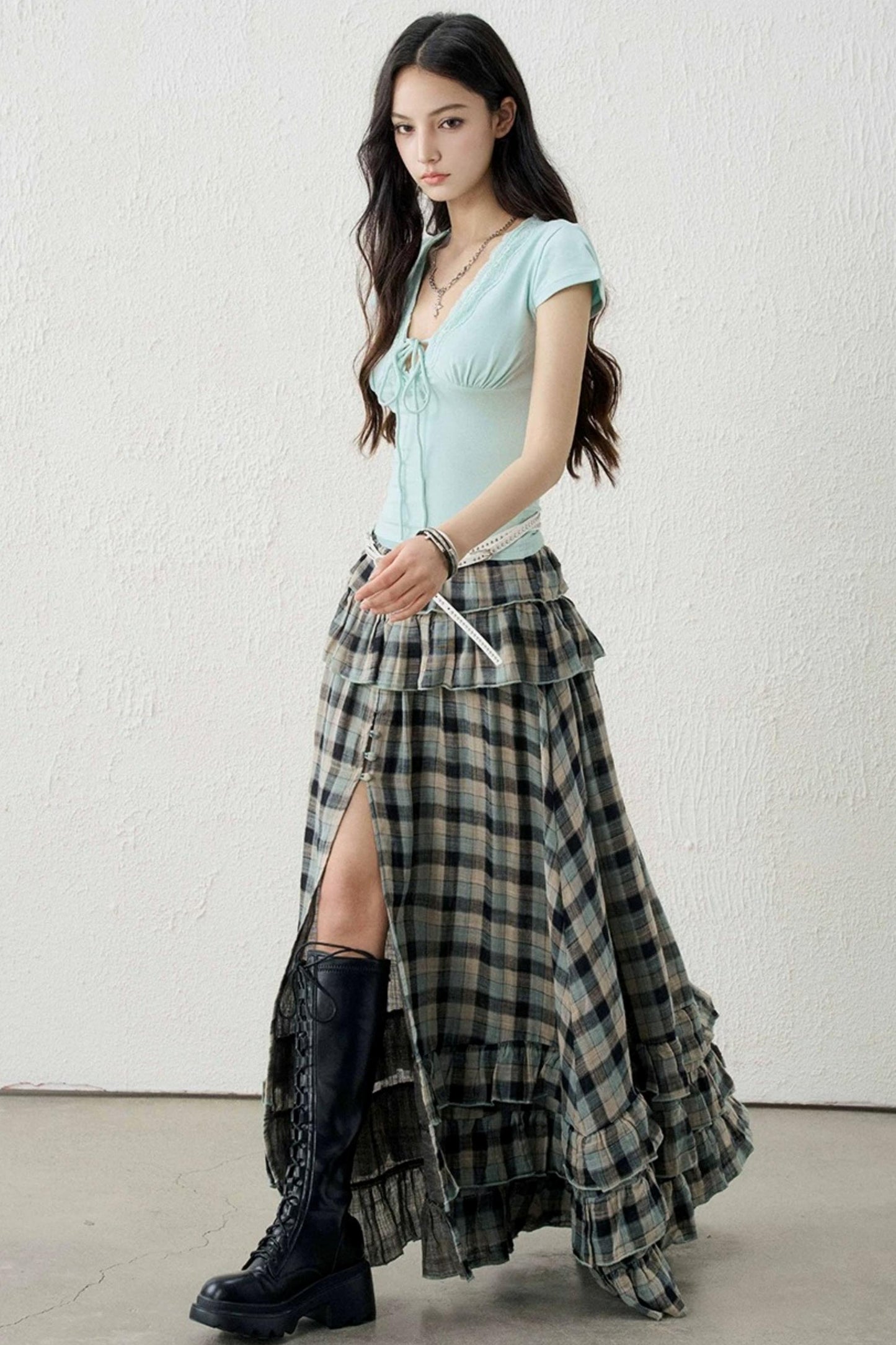 Gray-Green Plaid Ruffled Skirt