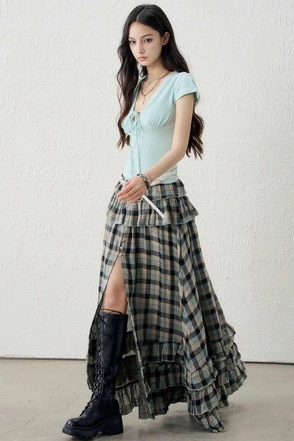 Gray-Green Plaid Ruffled Skirt