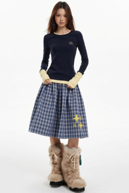 Contrast Fake Two Vintage Long-Sleeve Top