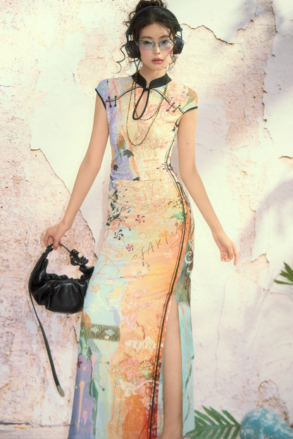 Shoulder-Sleeve Quicksand Print Stretch Cheongsam Dress