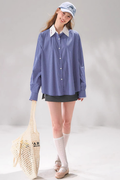 Plaid Color-Blocking Polo Top