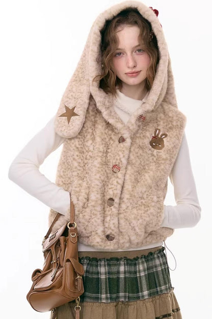 Black Leather Rabbit Hooded Vest Jacket