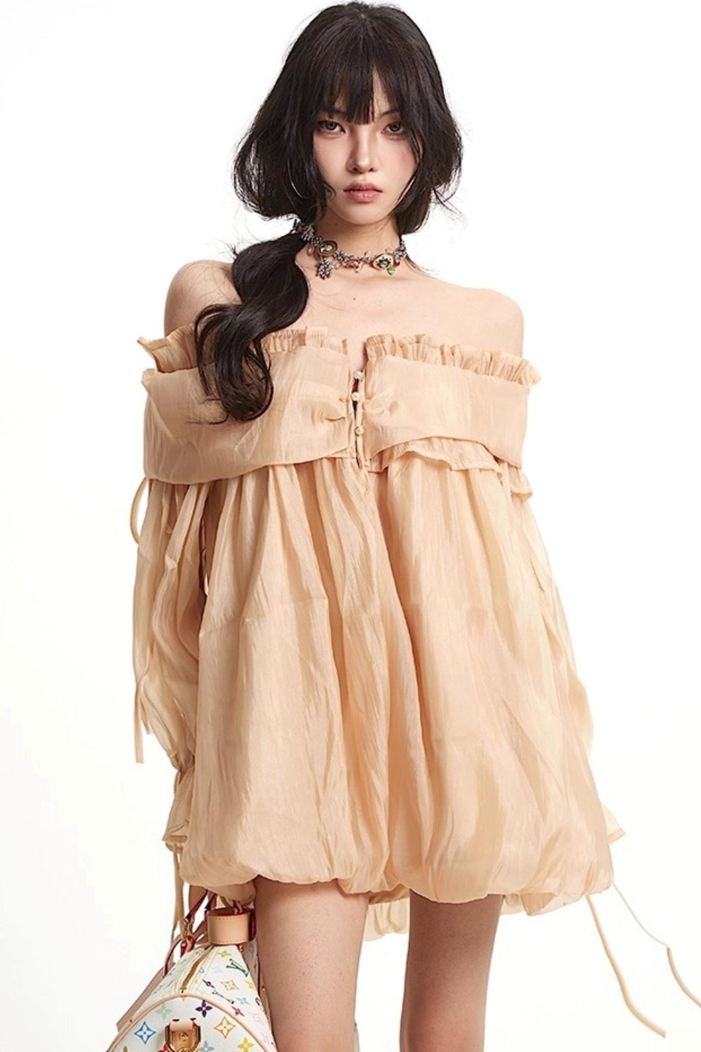 Mesh Ruffled Long Sleeve Dress