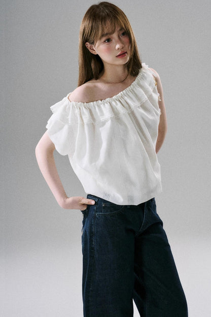 Beaded One-Shoulder Linen Top