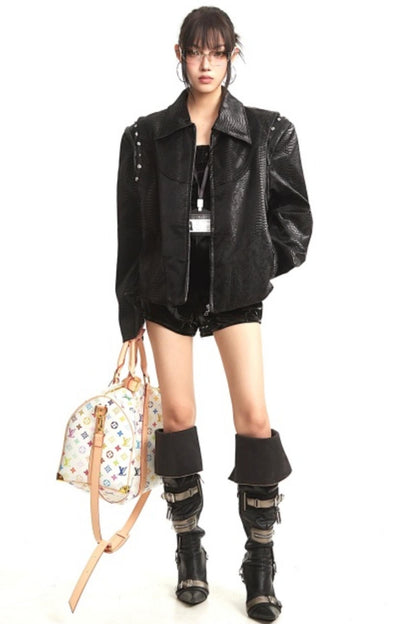 Retro Shoulder-Padded Leather Jacket