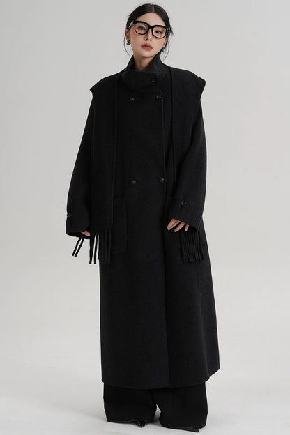 Temperament Hooded Scarf Wool Coat