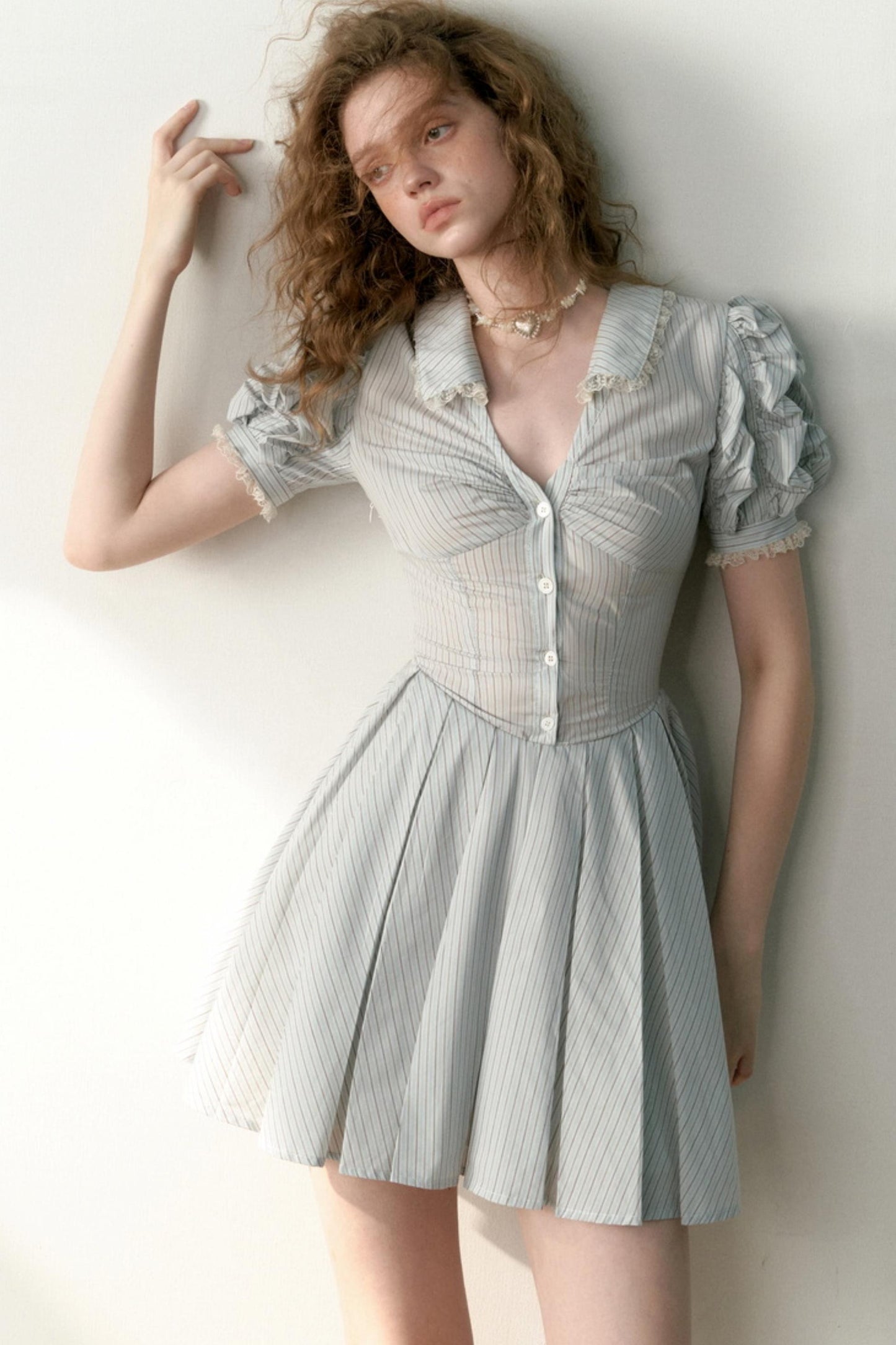 Blue Striped Bubble Sleeve Floral Pleated Dress