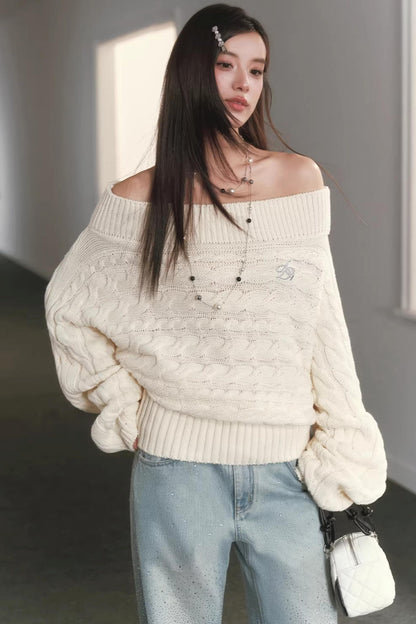 Slanted Shoulder Knit Sweater Set-Up