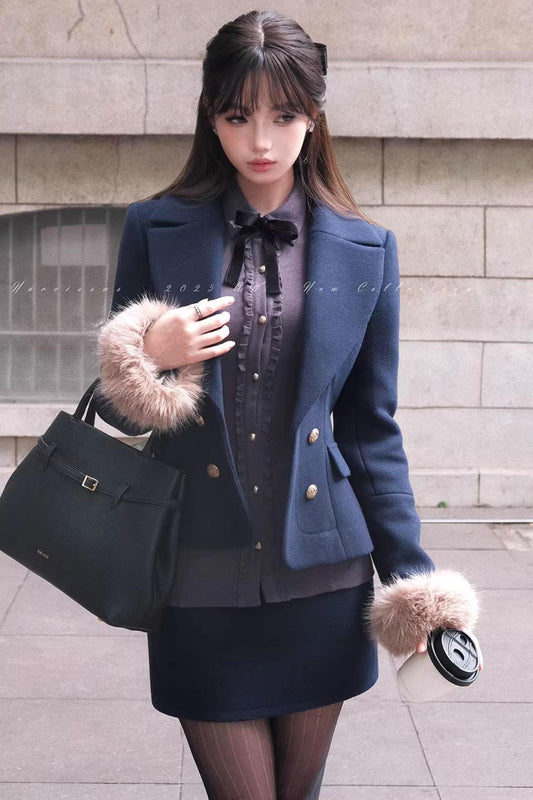 Navy Blue Velvet Wool Suit Set-Up