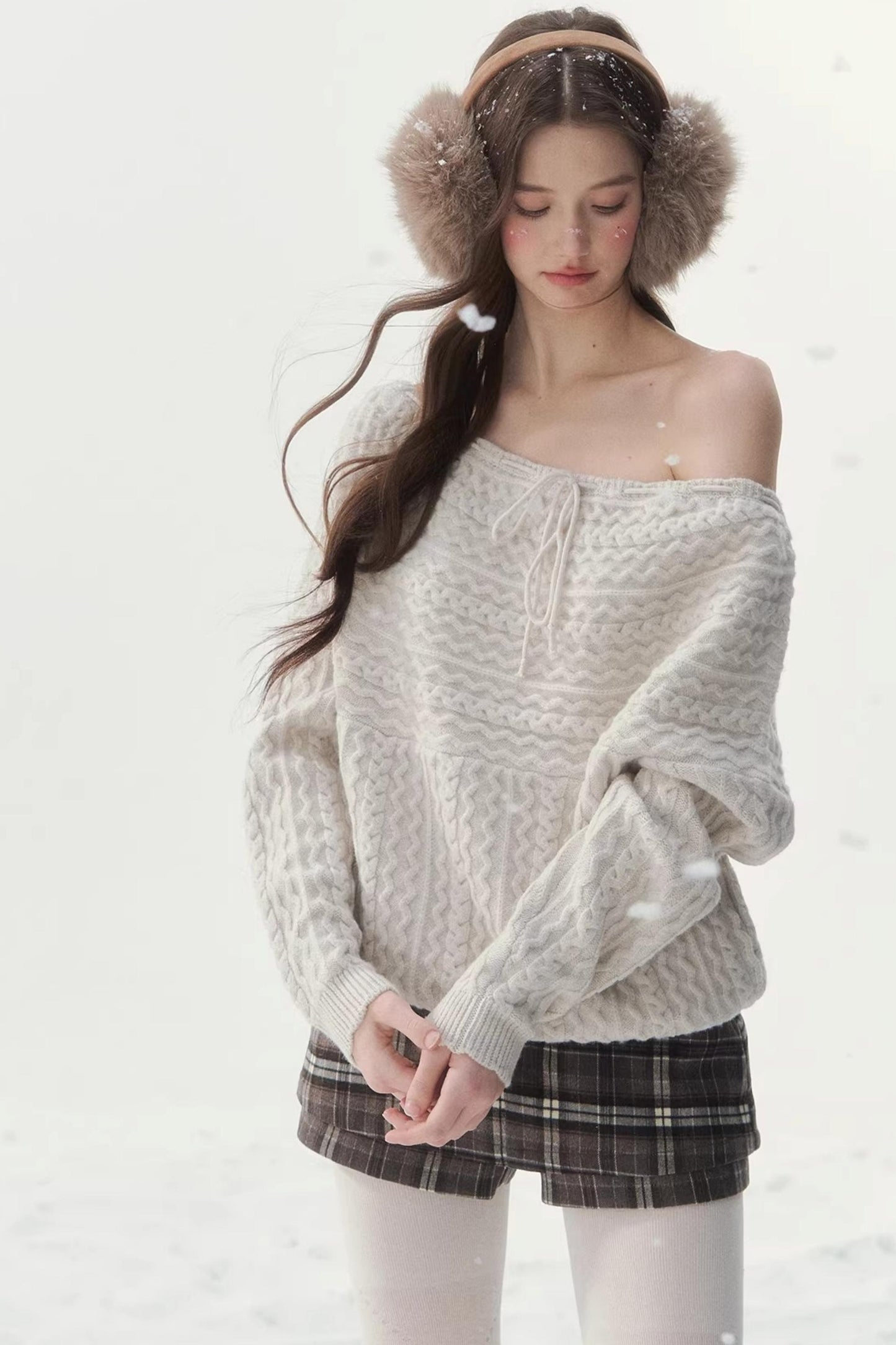 Vintage Twist Knit Off-Shoulder Sweater