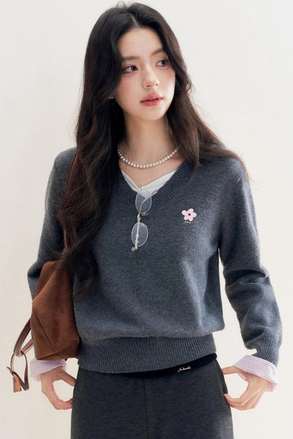 Romantic Check Wool-Blend V-Neck Sweater