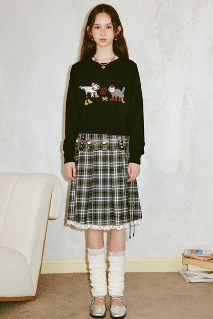 Kitten Puppy Embroidered Wool Blend Top