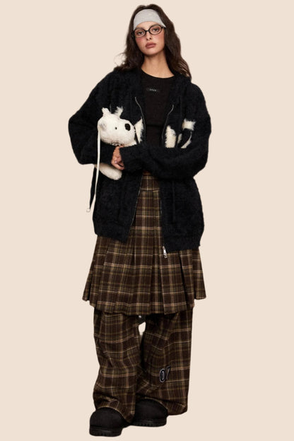 Casual Woolen Plaid Skirt And Pants Set-Up