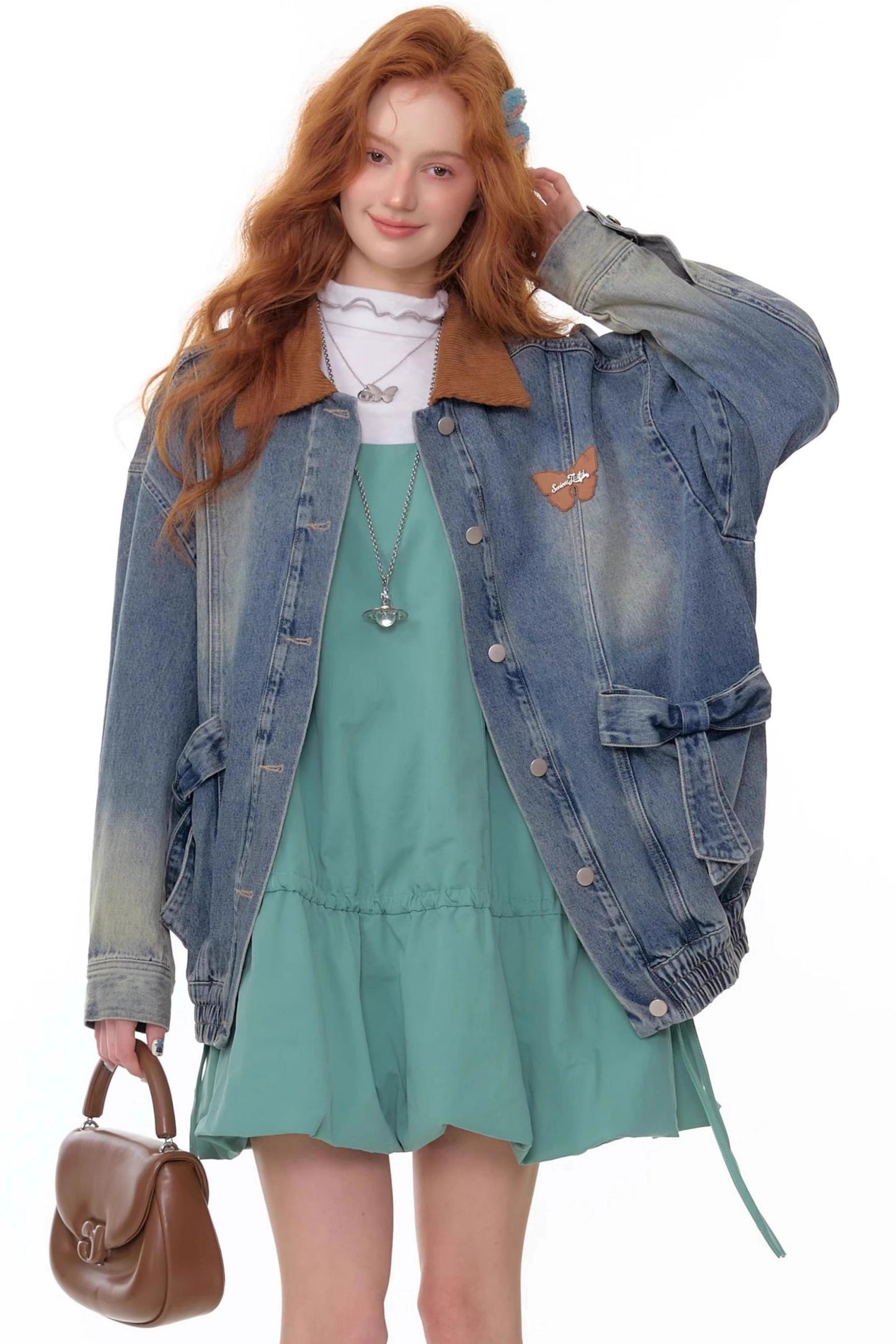 Bow Corduroy Collar Retro Denim Jacket