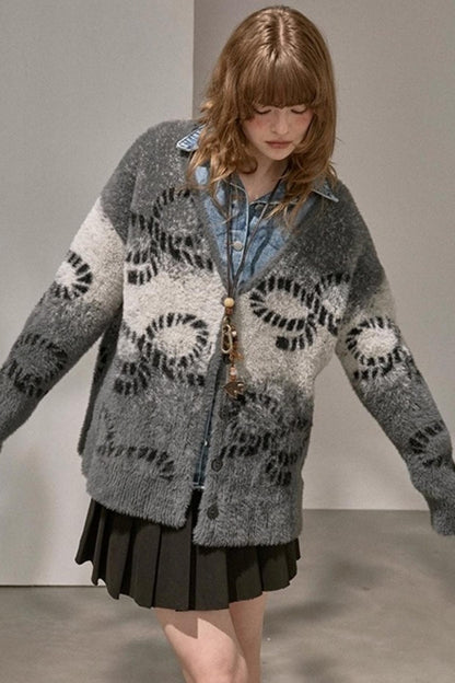 Bow Gradient V-Neck Knitted Cardigan