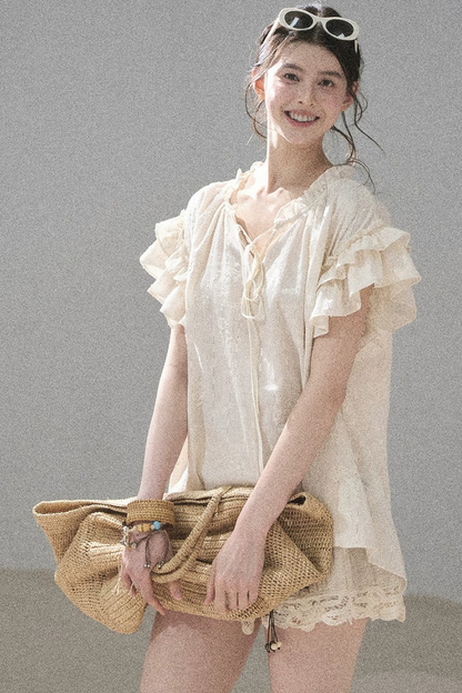 Bestickte V-Ausschnitt-Bluse