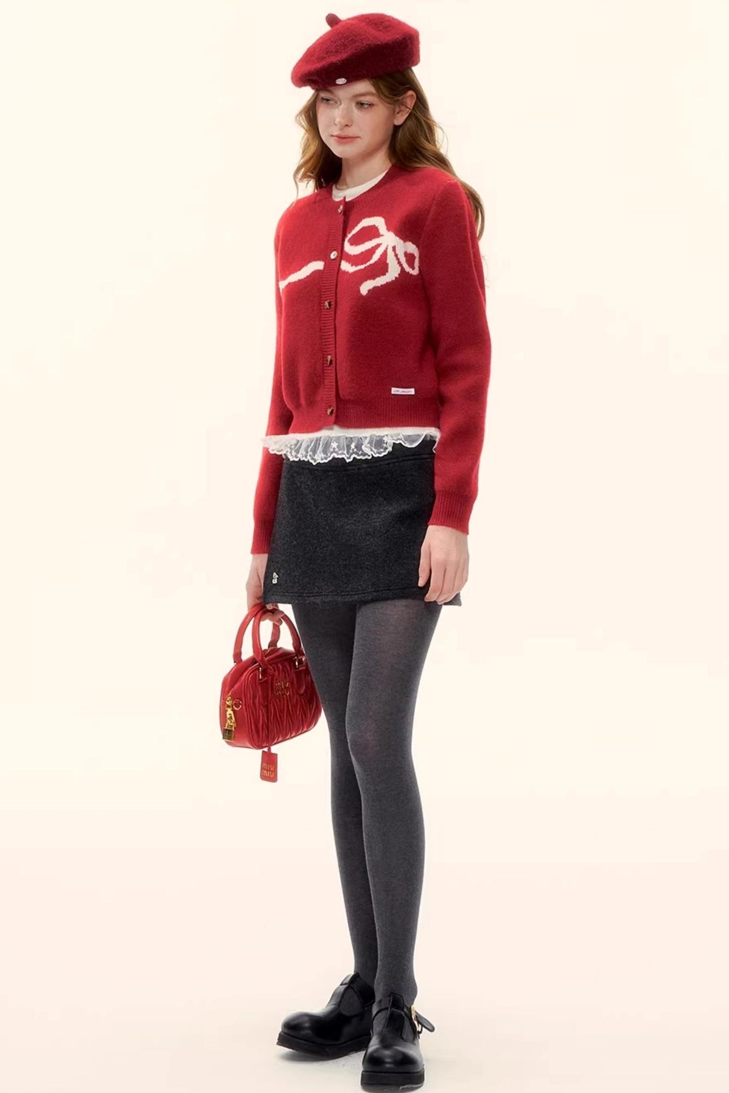 Bow Jacquard Cardigan Sweater