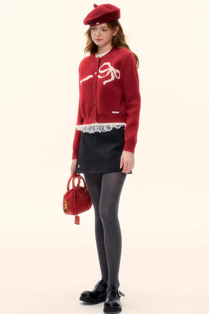 Bow Jacquard Cardigan Sweater
