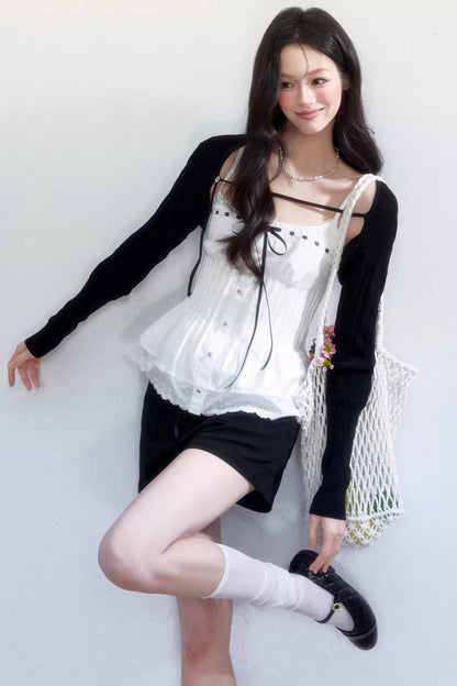 Black and White Ice Silk Two-Piece Set-Up