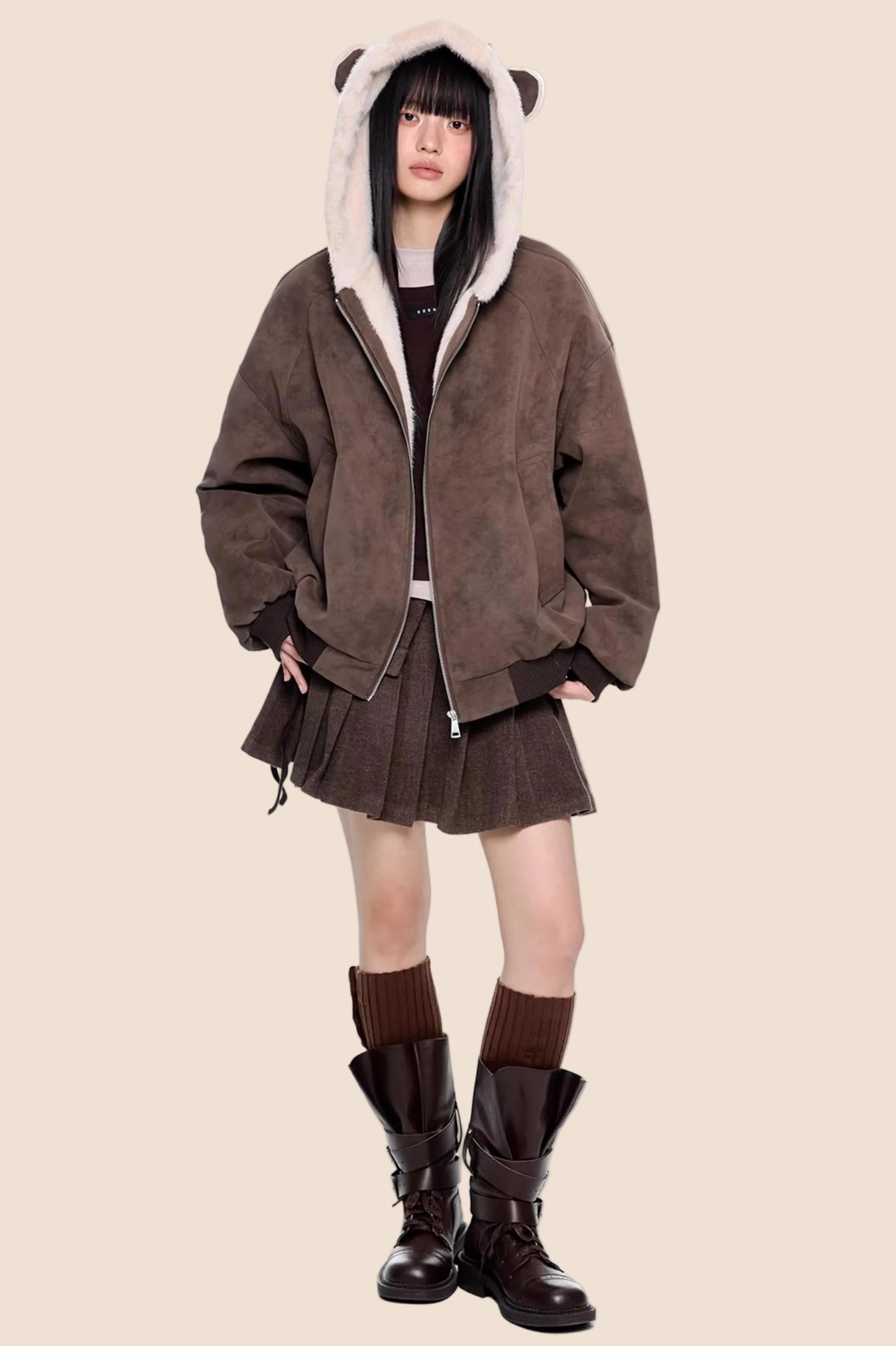 Faux Suede Hooded Fur Coat