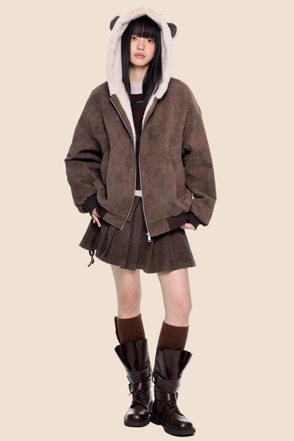 Faux Suede Hooded Fur Coat