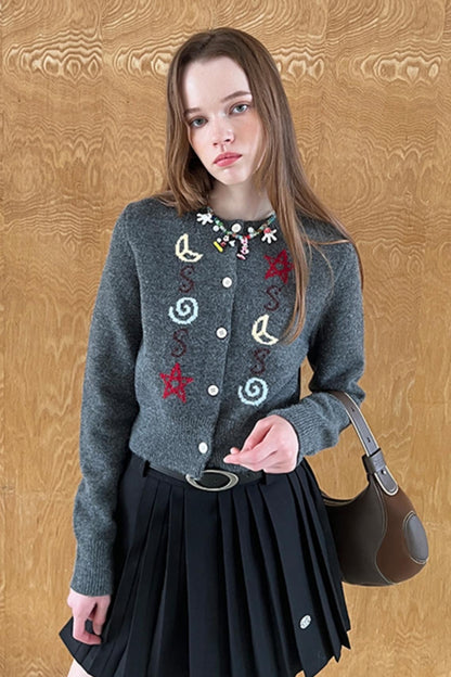 DIDDI MODA Stern und Mond Muster Strickjacke weich klebrig hautfreundlich Kontrast Design Atmosphäre Herbst und Winter Jacke Frauen