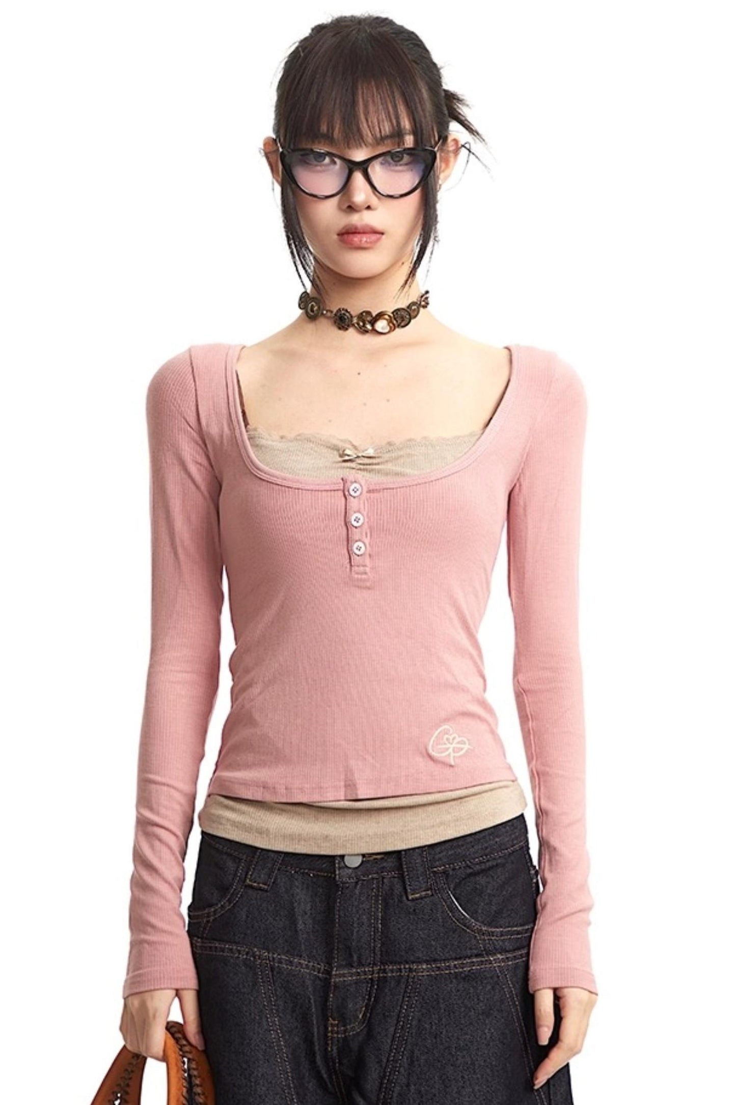 Slim Fit Fake Two-Piece Long Top