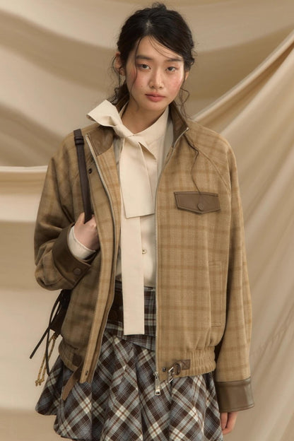Stand Collar Plaid Woolen Jacket