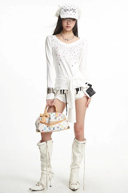 White Hot Girl V-Neck Long Sleeve T-Shirt