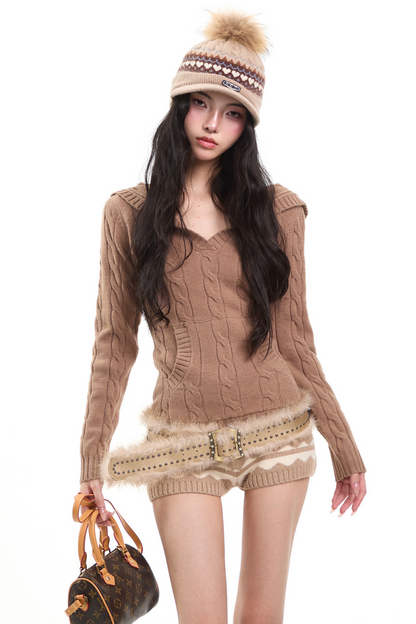 Retro V Neck Hooded Knitwear Top