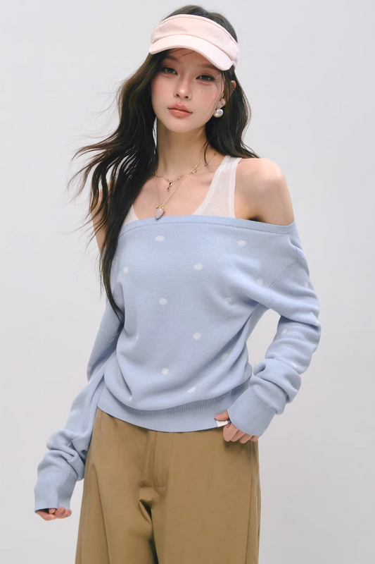 One-Shoulder Polka Dot Sweater