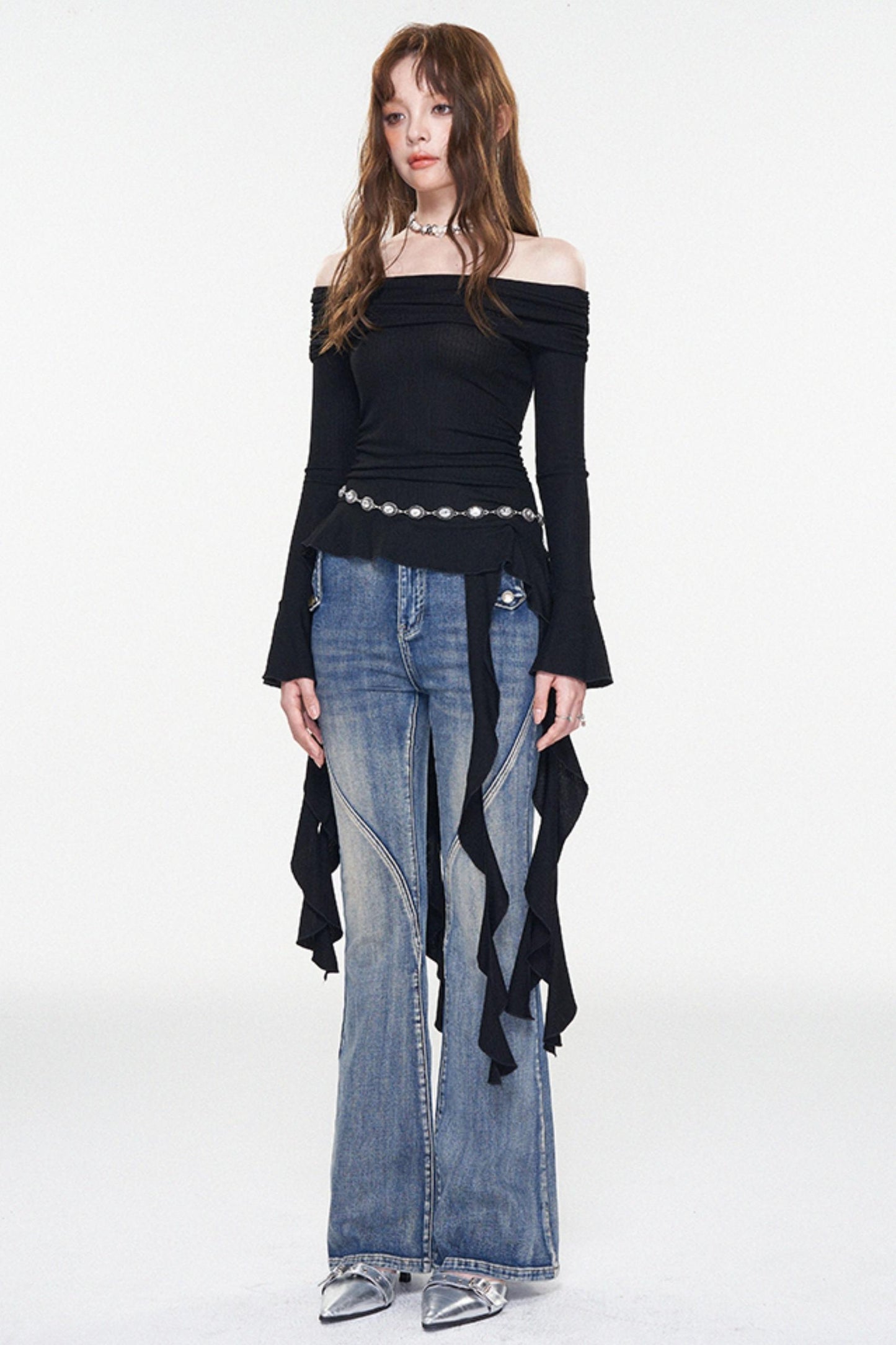 Ruffle One-Shoulder Glitter Top