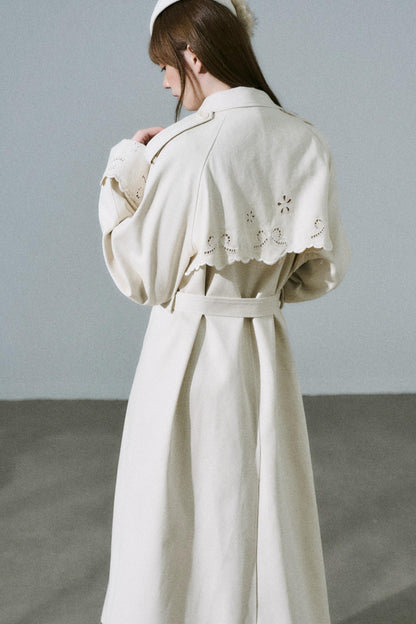 Creamy Hollow Flower Trench Coat