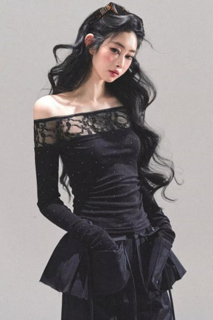 Lace Polka Dot One-Shoulder Top