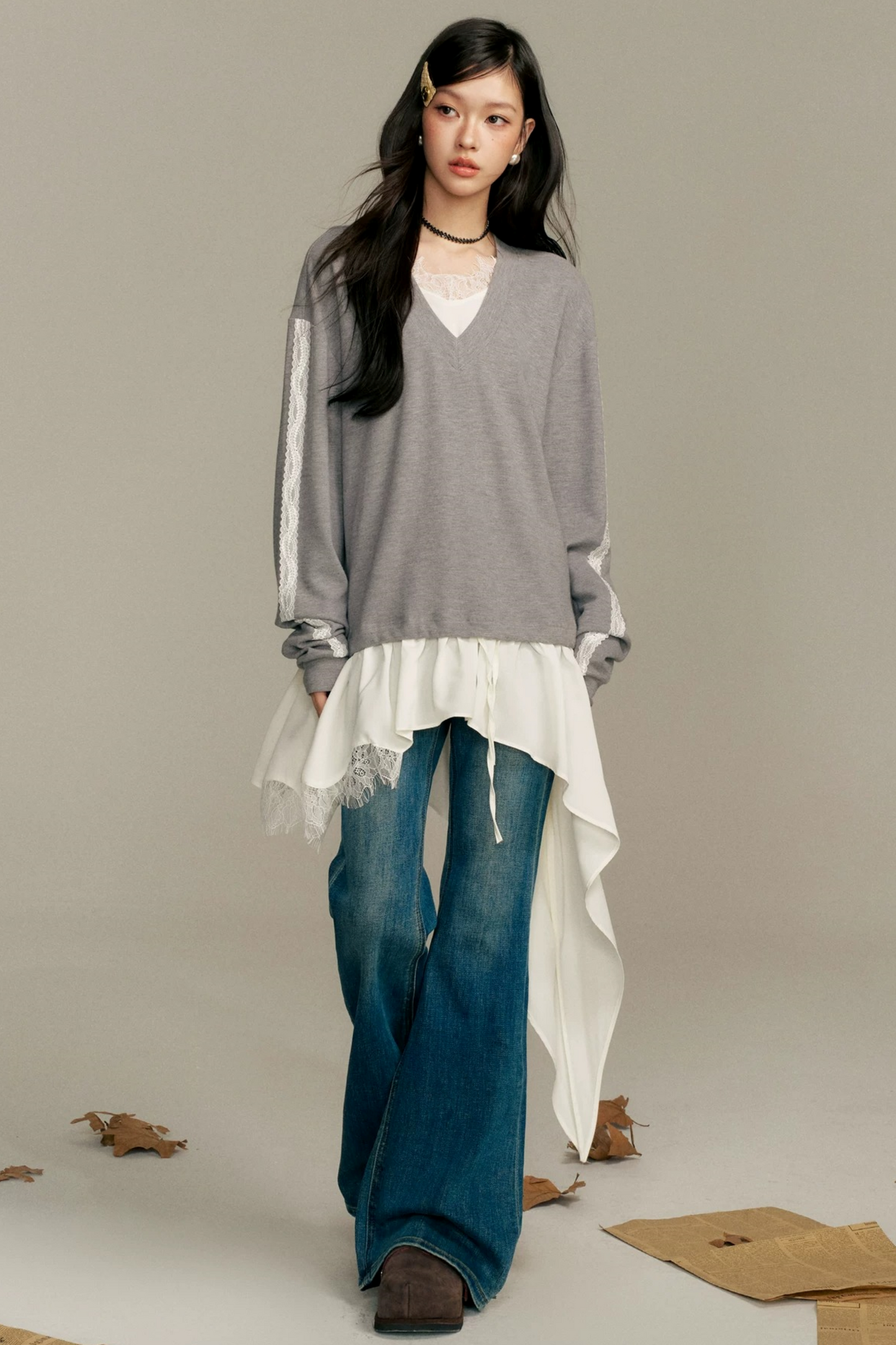 Asymmetric Hem V-Neck Sweatshirt