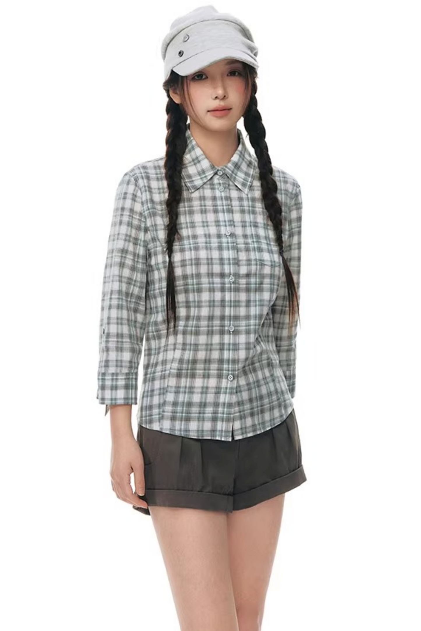 Plaid Cotton Waist-Cinching Blouse