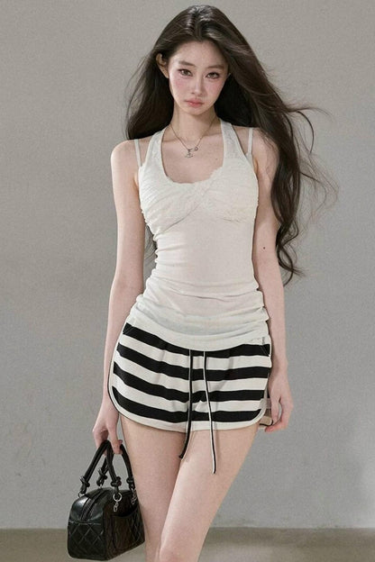 Pleated Floral Wide-Leg Shorts