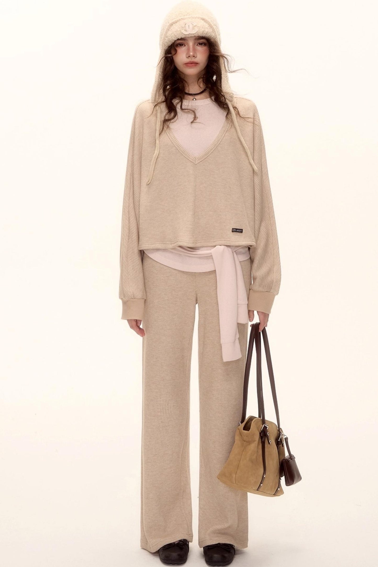 Waffle Knit V-Neck Sweater Set-Up