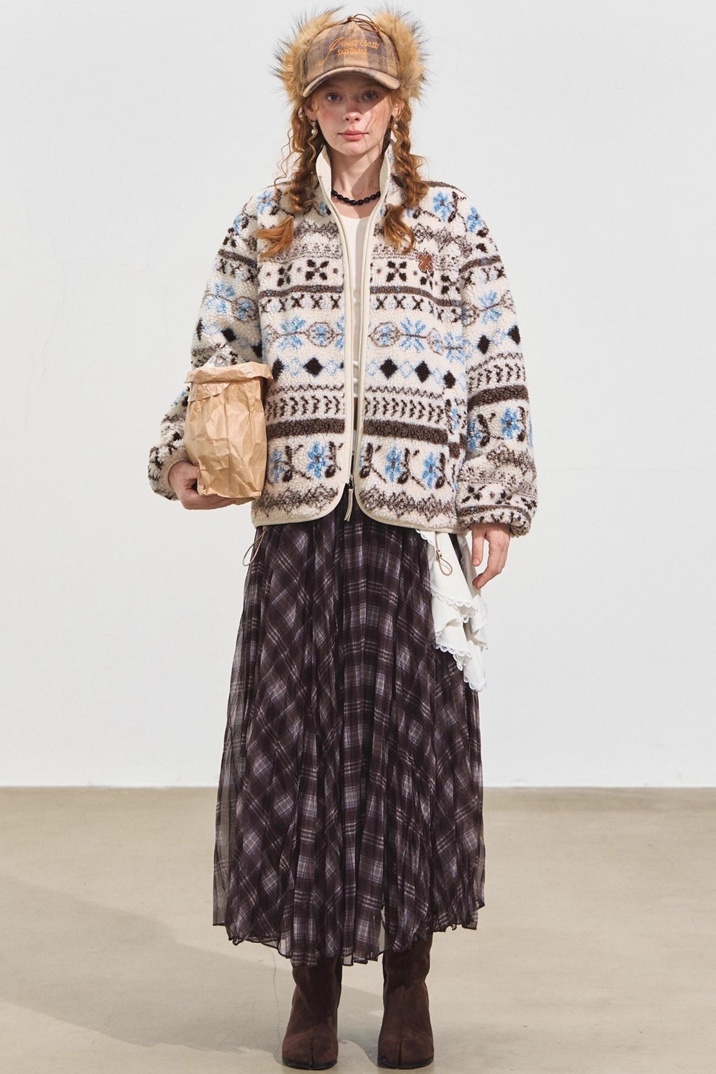 Fleece Jacquard Stand-Up Collar Coat