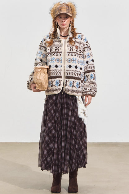 Fleece Jacquard Stand-Up Collar Coat