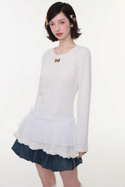 Lace Pleated Polka Dot Top