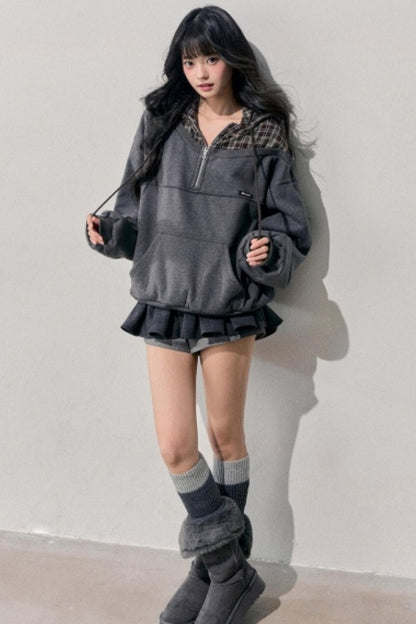 Fake Two Piece Plaid Hooded Jacket