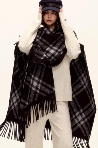 Retro Plaid Tassel Cape Shawl