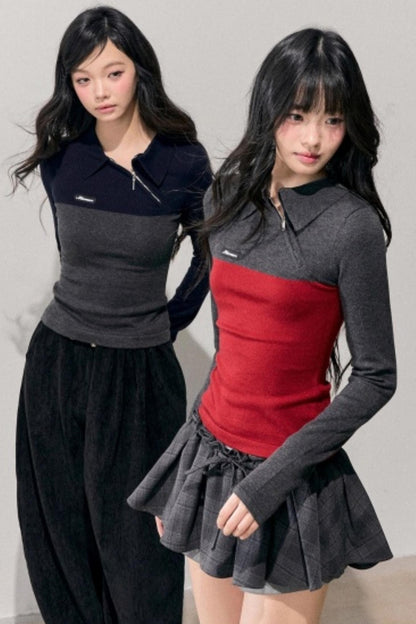 American Long-Sleeve Polo Collar Knit Top