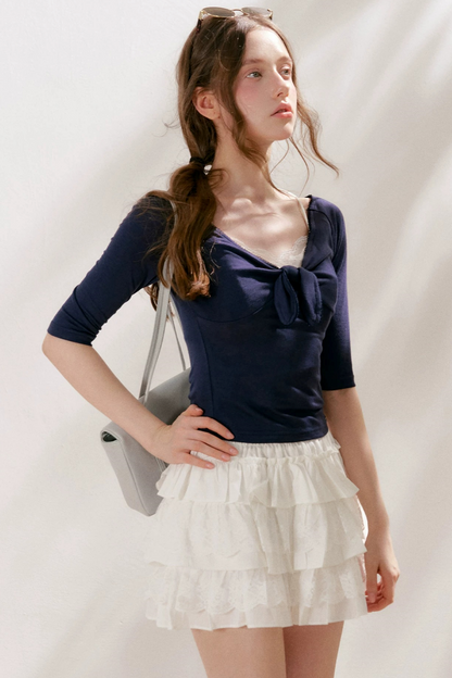 French Wave Lace Bow Blouse