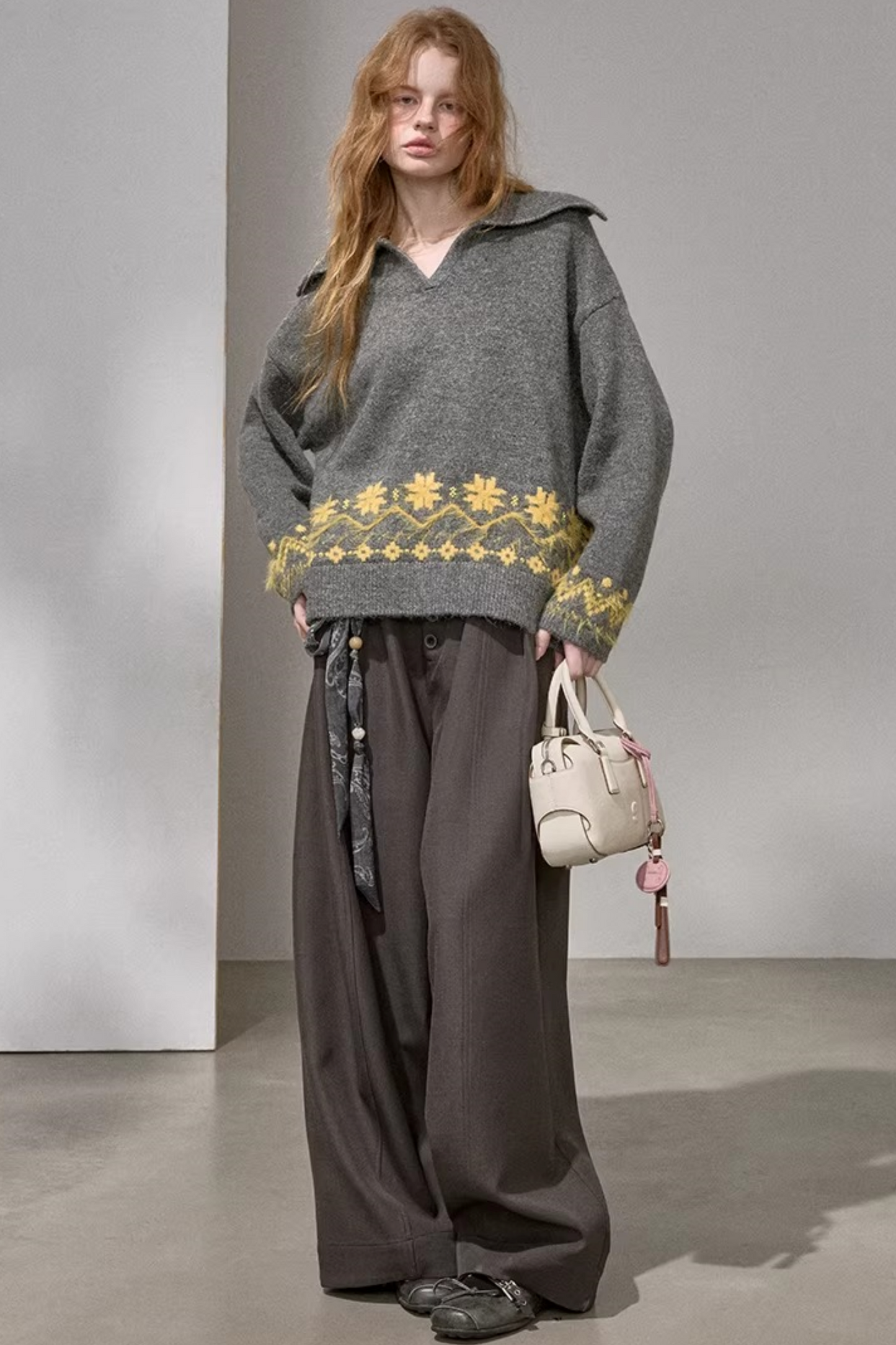 Lace-Up Turn-Down Collar Sweater Matching Set