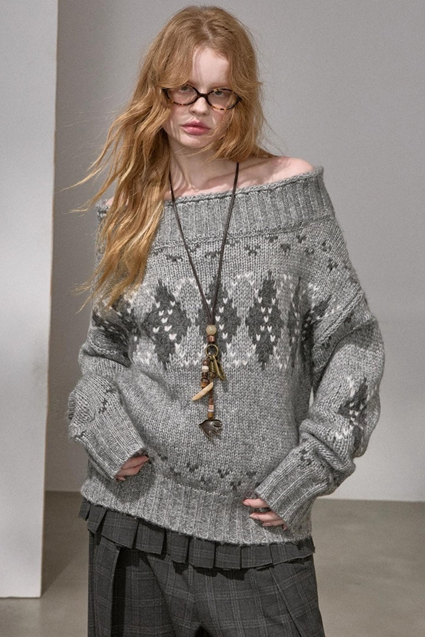 Thick Knit Argyle Off-Shoulder Sweater