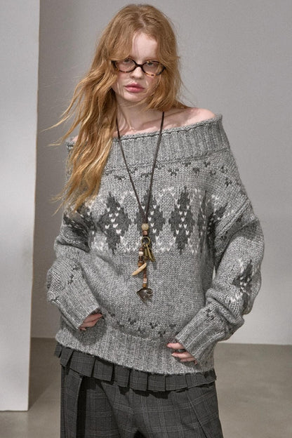 Thick Knit Argyle Off-Shoulder Sweater