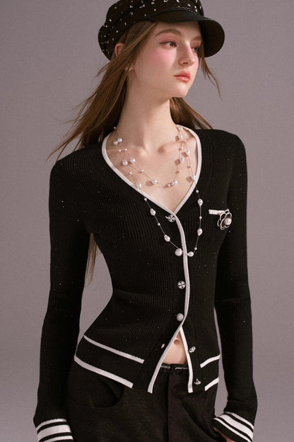 Hot Girl Contrast Knit Cardigan Suit Set-Up